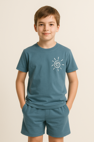 Erkek Çocuk Yazlık Tişört & Şort Kombini – Organik Pamuk, Petrol Mavi