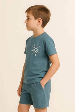 Erkek Çocuk Yazlık Tişört & Şort Kombini – Organik Pamuk, Petrol Mavi