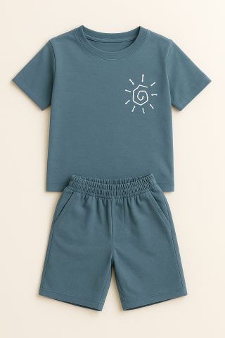 Erkek Çocuk Yazlık Tişört & Şort Kombini – Organik Pamuk, Petrol Mavi