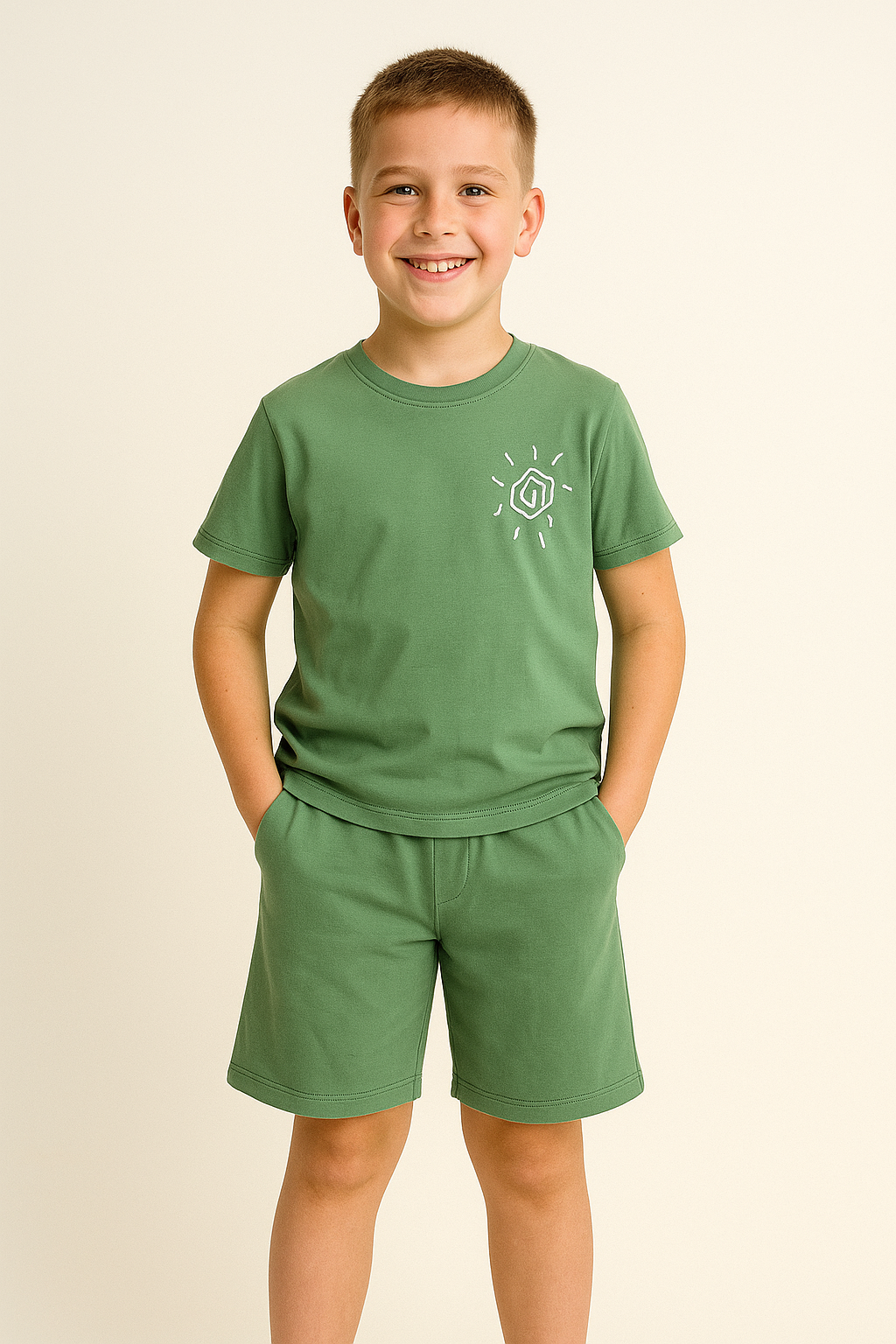 Erkek Çocuk Günlük Stil Seti – Cepli Şort, Zümrüt Yeşili