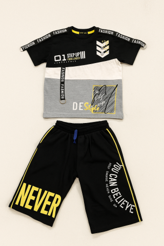 Erkek Çocuk Pamuklu Renk Bloklu Baskılı Tişört Şort Seti