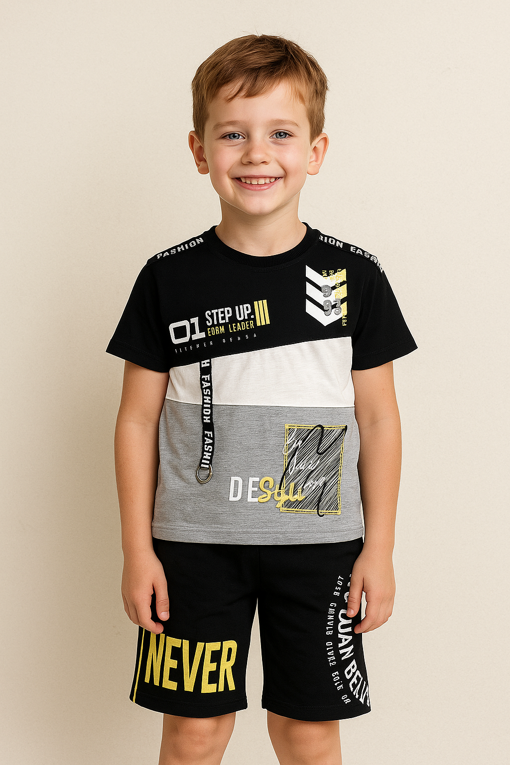 Erkek Çocuk Pamuklu Renk Bloklu Baskılı Tişört Şort Seti