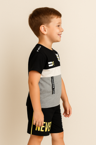 Erkek Çocuk Pamuklu Renk Bloklu Baskılı Tişört Şort Seti