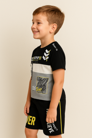 Erkek Çocuk Pamuklu Renk Bloklu Baskılı Tişört Şort Seti