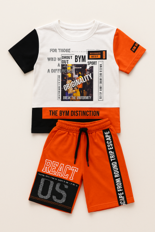 Erkek Çocuk Günlük Spor Seti – Tişört & CEPLİ Turuncu Şort
