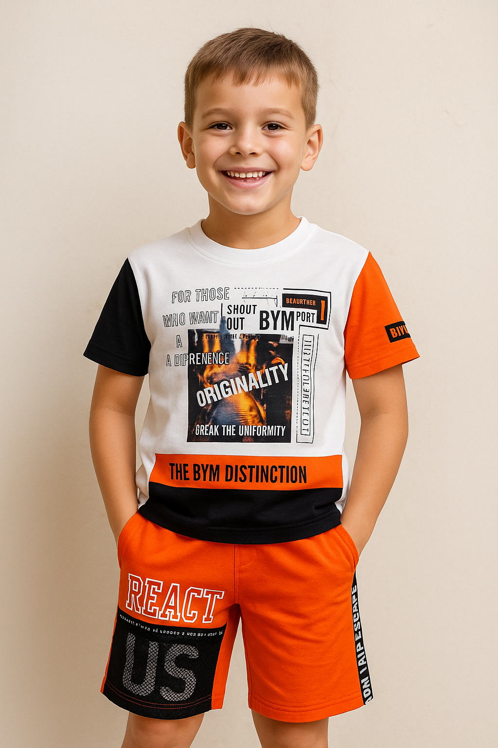 Erkek Çocuk Günlük Spor Seti – Tişört & CEPLİ Turuncu Şort
