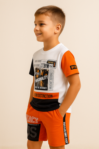 Erkek Çocuk Günlük Spor Seti – Tişört & CEPLİ Turuncu Şort