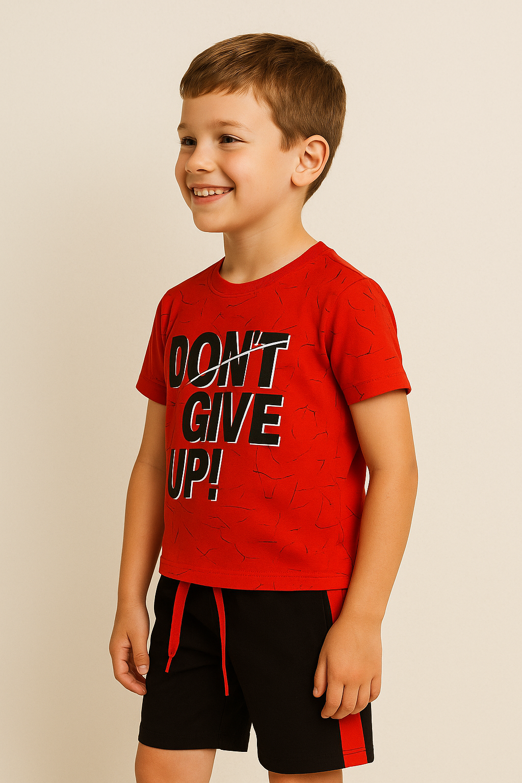 Erkek Çocuk “Don’t Give Up!” Baskılı Kısa Kollu Tişört & Siyah-Kırmızı Şort Seti