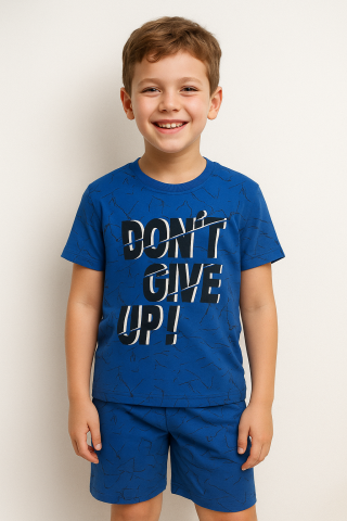 Erkek Çocuk “Don’t Give Up!” Baskılı Mavi Tişört & Desenli Şort Seti