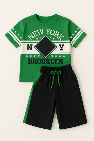 Erkek Çocuk Günlük Yaz Kombini – Pamuklu  Baskılı Üst & Soft Siyah Şort