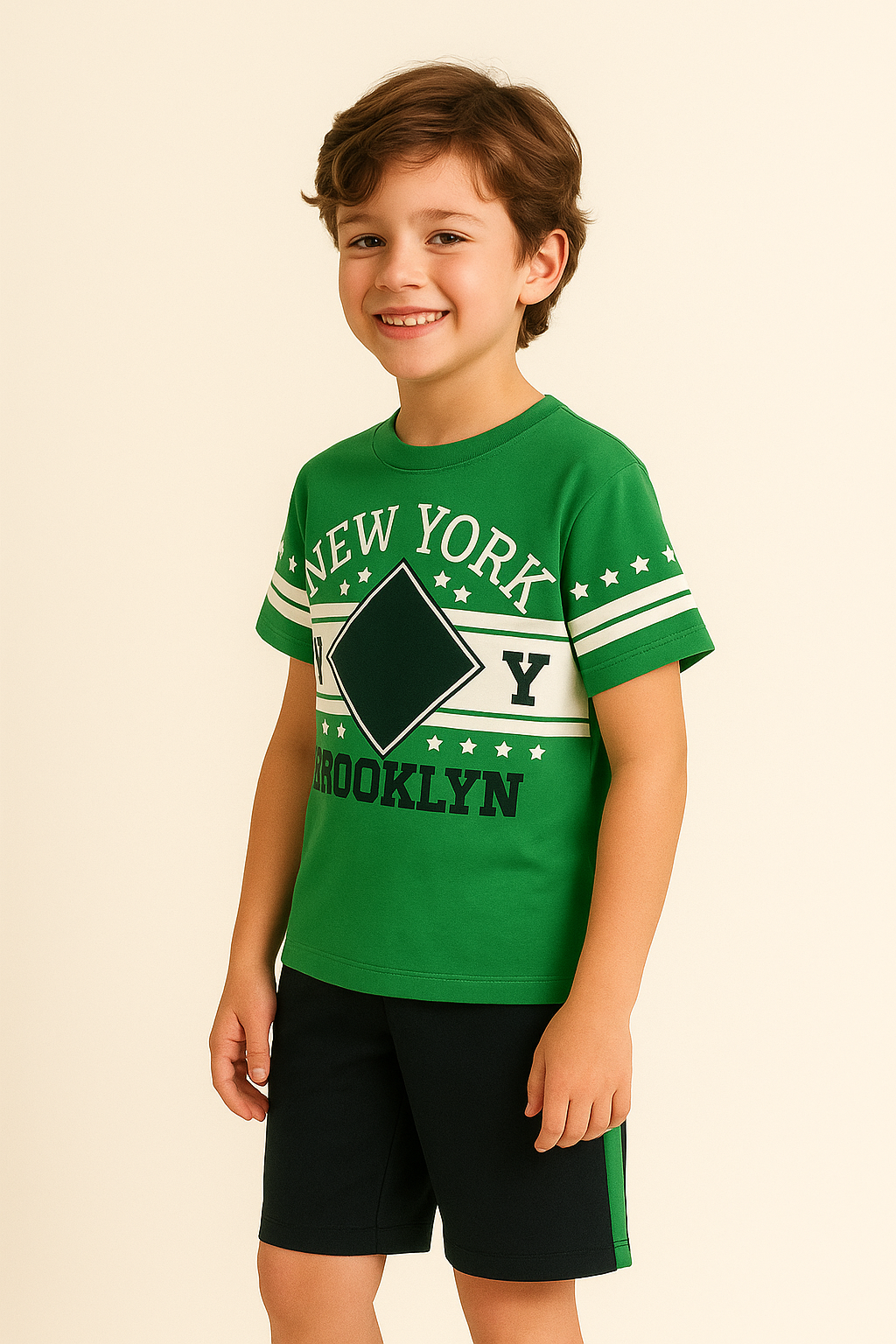 Erkek Çocuk Günlük Yaz Kombini – Pamuklu  Baskılı Üst & Soft Siyah Şort