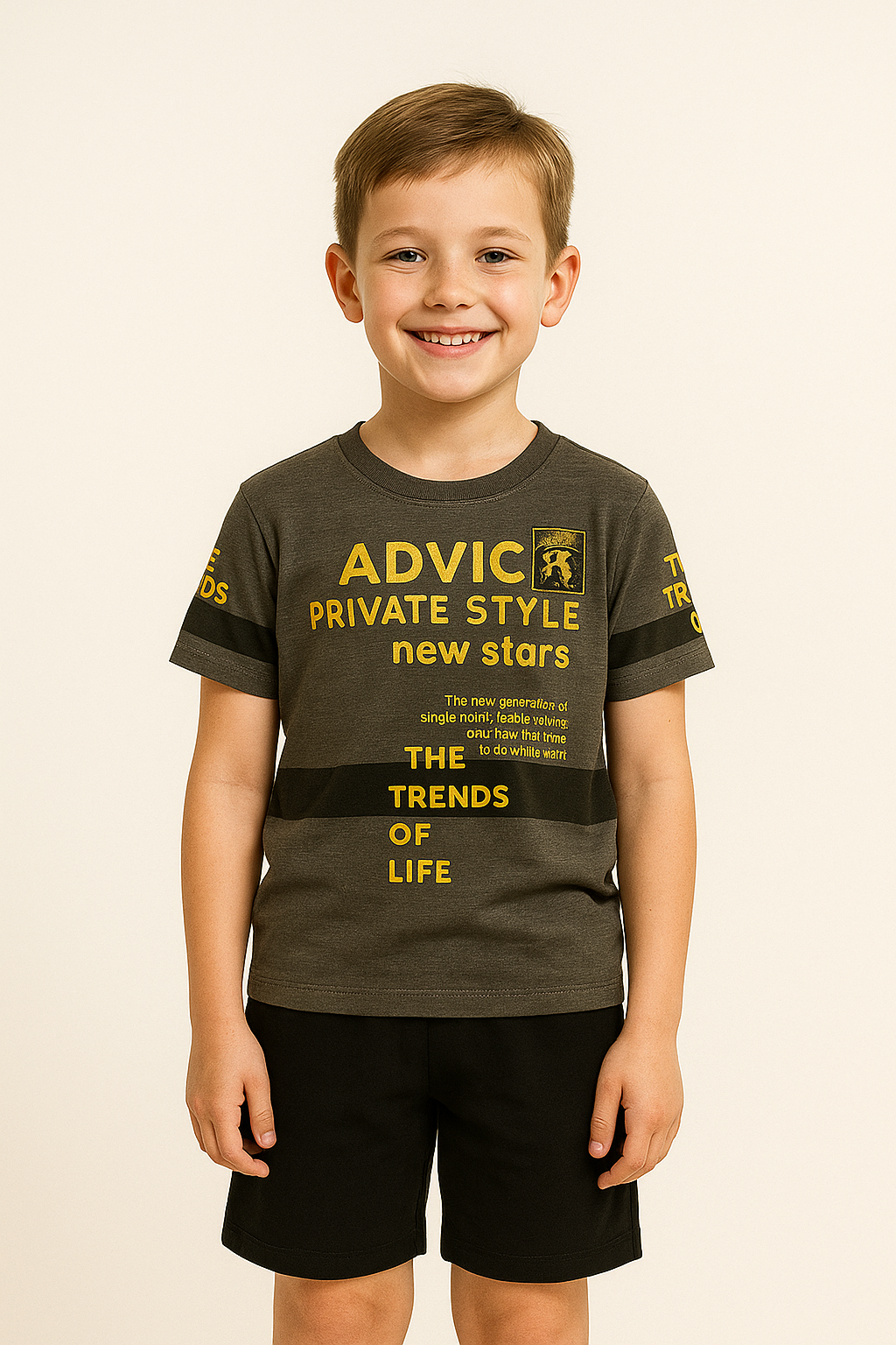Erkek Çocuk Yazlık Günlük Set – Grafik Baskılı Gri Tişört & Basic Siyah Şort
