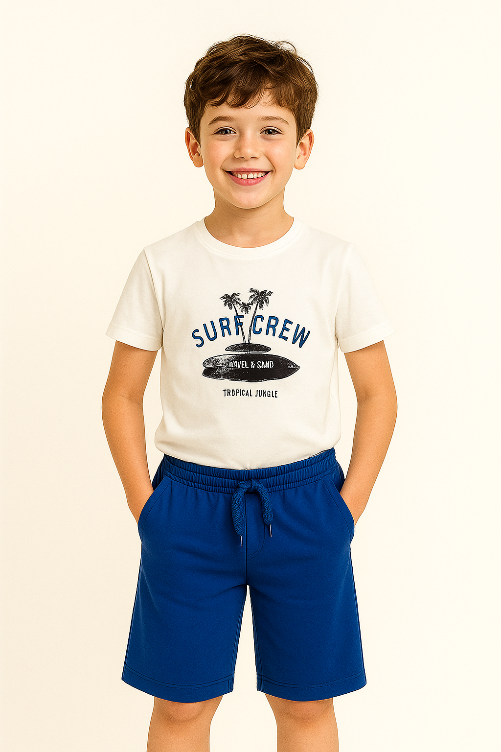 Erkek Çocuk Yazlık Plaj Esintisi Kombini – Tişört & Mavi Cepli Şort