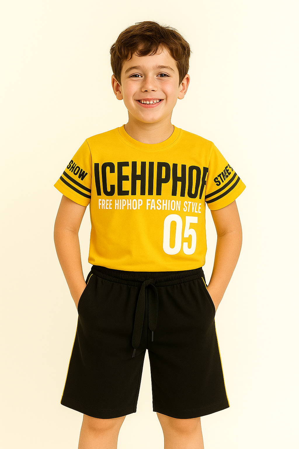 Erkek Çocuk Yazlık Pamuklu  –  Sarı Üst & Spor Şort