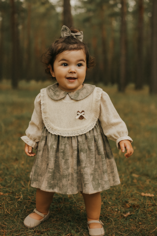 Kız Çocuk Dantel Yakalı Uzun Kollu Elbise – Bej & Yeşil Tonları