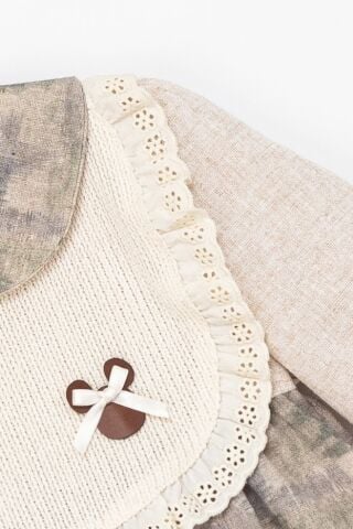 Kız Çocuk Dantel Yakalı Uzun Kollu Elbise – Bej & Yeşil Tonları