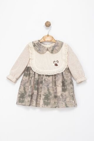 Kız Çocuk Dantel Yakalı Uzun Kollu Elbise – Bej & Yeşil Tonları