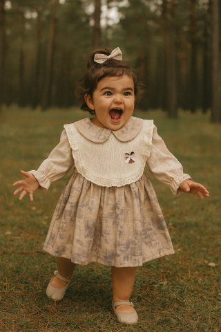 Kız Çocuk Dantel Yakalı Örgü Ön Panelli Uzun Kollu Elbise – Bej & Kahve Tonları