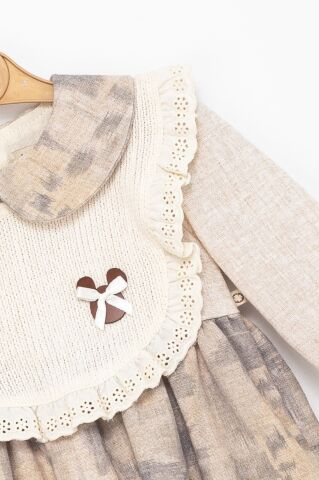 Kız Çocuk Dantel Yakalı Örgü Ön Panelli Uzun Kollu Elbise – Bej & Kahve Tonları