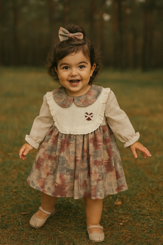 Kız Çocuk Dantel Yakalı Örgü Ön Panelli Uzun Kollu Elbise – Bej & Kahverengi Tonları