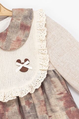 Kız Çocuk Dantel Yakalı Örgü Ön Panelli Uzun Kollu Elbise – Bej & Kahverengi Tonları