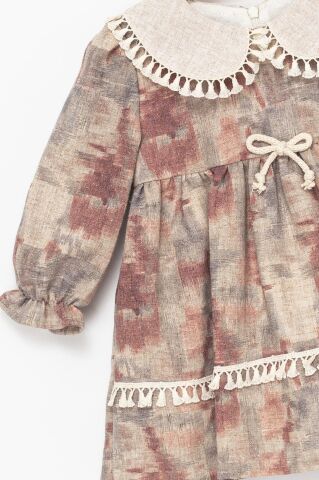Kız Çocuk Dantel Yakalı Uzun Kollu Elbise – Kahverengi & Bej Tonları