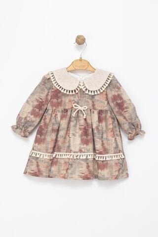 Kız Çocuk Dantel Yakalı Uzun Kollu Elbise – Kahverengi & Bej Tonları