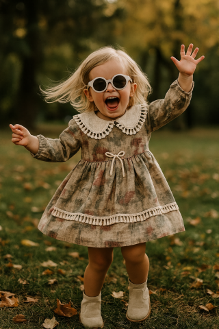 Kız Çocuk Dantel Yakalı Fiyonklu Uzun Kollu Elbise – Yeşil & Bej Tonları