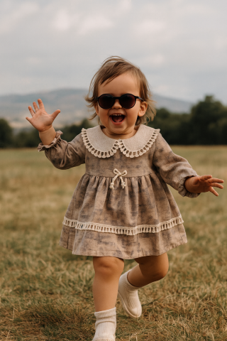 Kız Çocuk Dantel Yakalı Fiyonklu Uzun Kollu Elbise – Bej Tonları