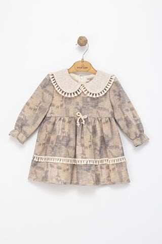 Kız Çocuk Dantel Yakalı Fiyonklu Uzun Kollu Elbise – Bej Tonları