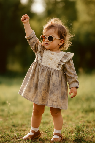 Kız Çocuk Dantel Detaylı Düğmeli Uzun Kollu Elbise – Bej & Gri Tonları