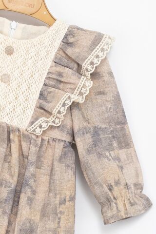 Kız Çocuk Dantel Detaylı Düğmeli Uzun Kollu Elbise – Bej & Gri Tonları