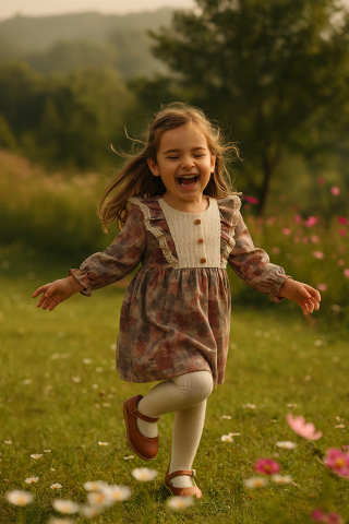 Kız Çocuk Dantel Detaylı Fırfırlı Uzun Kollu Elbise – Kırmızı & Bej Tonları