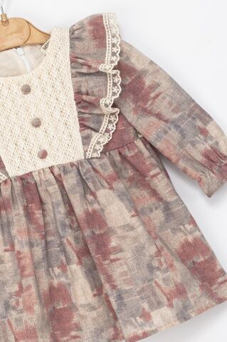 Kız Çocuk Dantel Detaylı Fırfırlı Uzun Kollu Elbise – Kırmızı & Bej Tonları