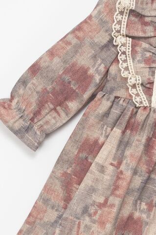 Kız Çocuk Dantel Detaylı Fırfırlı Uzun Kollu Elbise – Kırmızı & Bej Tonları