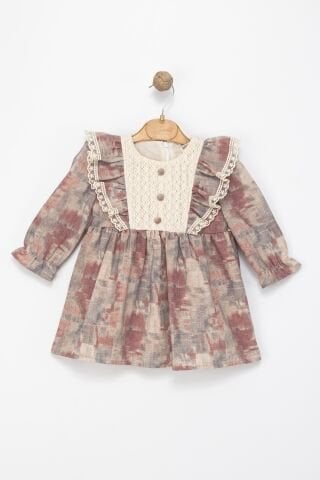 Kız Çocuk Dantel Detaylı Fırfırlı Uzun Kollu Elbise – Kırmızı & Bej Tonları