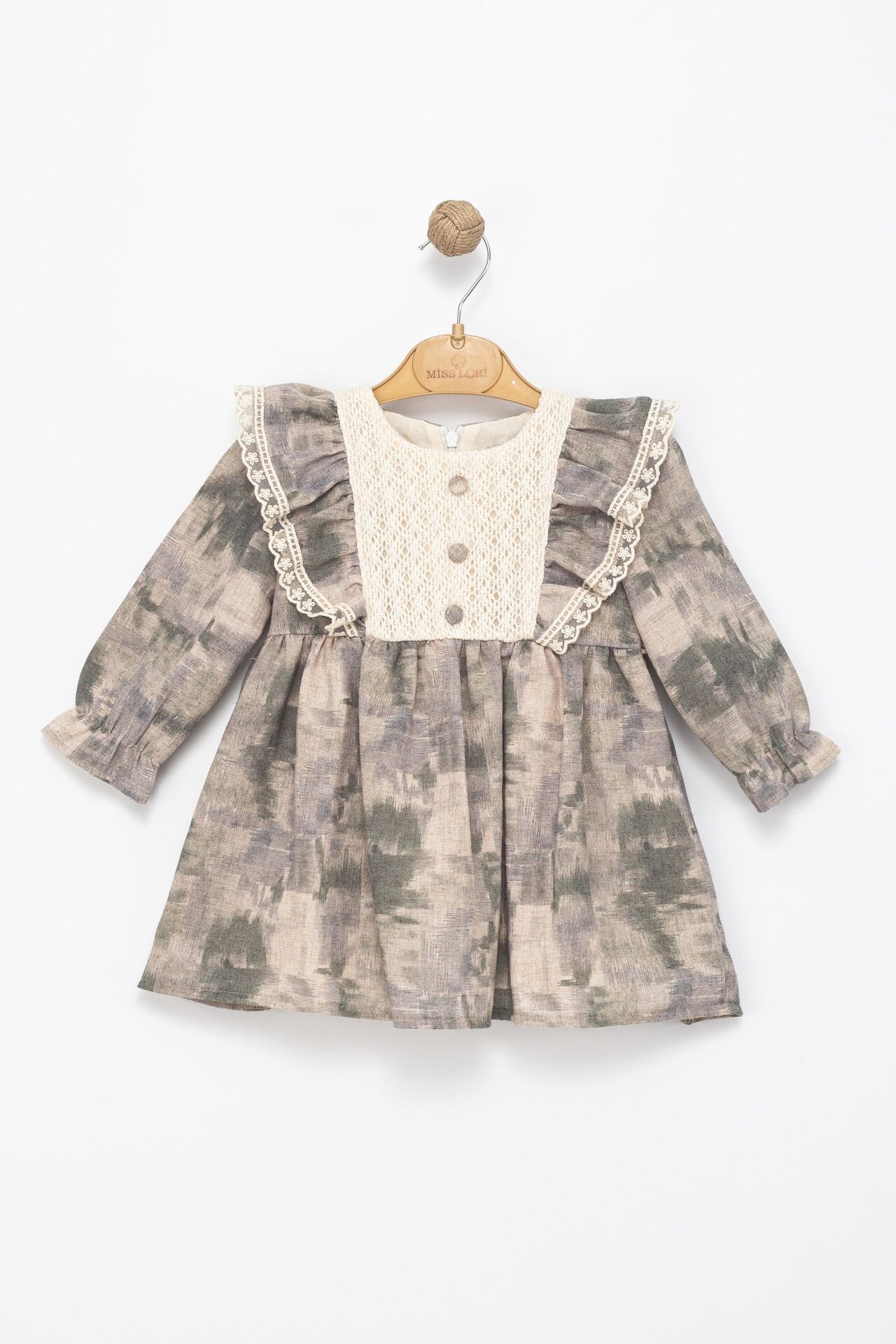 Kız Çocuk Dantel Detaylı Fırfırlı Uzun Kollu Elbise – Yeşil & Bej Tonları