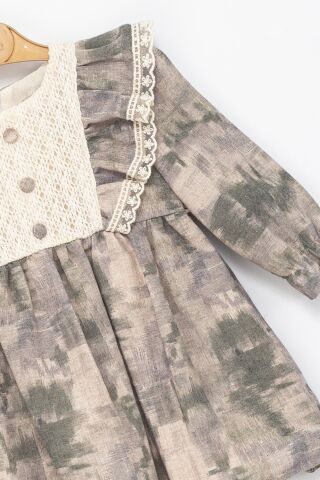 Kız Çocuk Dantel Detaylı Fırfırlı Uzun Kollu Elbise – Yeşil & Bej Tonları