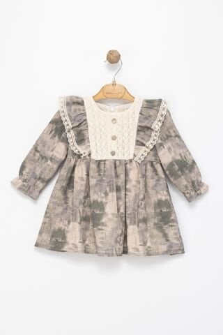 Kız Çocuk Dantel Detaylı Fırfırlı Uzun Kollu Elbise – Yeşil & Bej Tonları