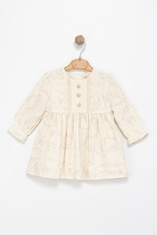 Kız Çocuk Dantel Detaylı Üç Düğmeli Uzun Kollu Elbise – Krem / Bej Tonları