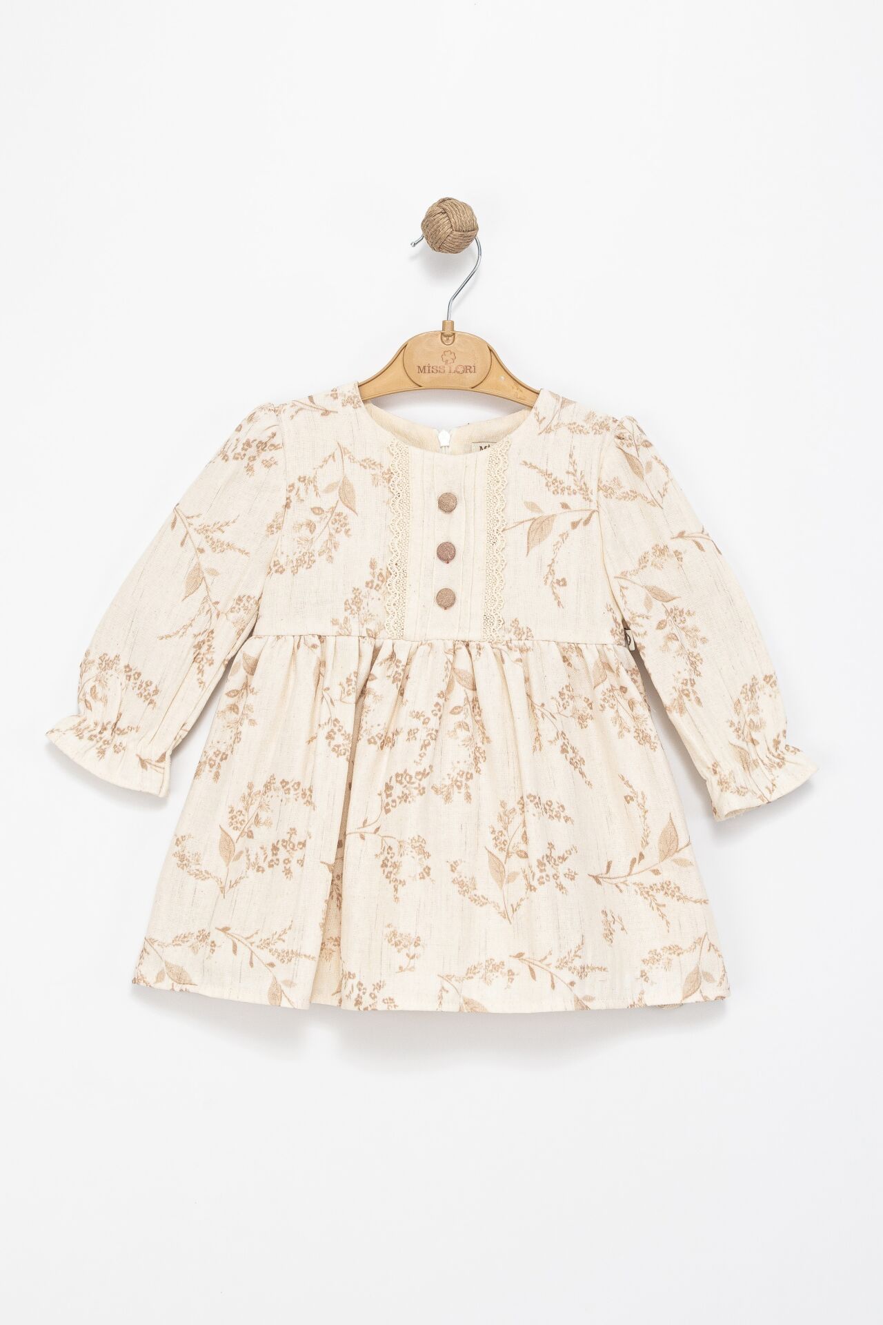 Kız Çocuk Bej Dantel Detaylı Çiçek Desenli Uzun Kollu Elbise