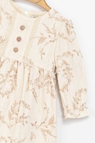 Kız Çocuk Bej Dantel Detaylı Çiçek Desenli Uzun Kollu Elbise