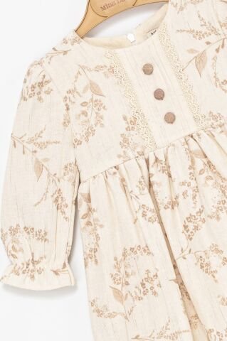 Kız Çocuk Bej Dantel Detaylı Çiçek Desenli Uzun Kollu Elbise