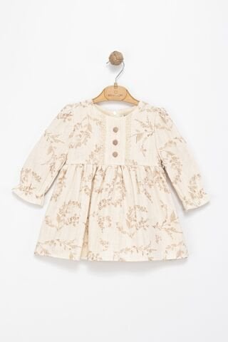 Kız Çocuk Bej Dantel Detaylı Çiçek Desenli Uzun Kollu Elbise