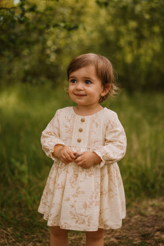 Kız Çocuk Bej Dantel Detaylı Çiçek Desenli Uzun Kollu Elbise