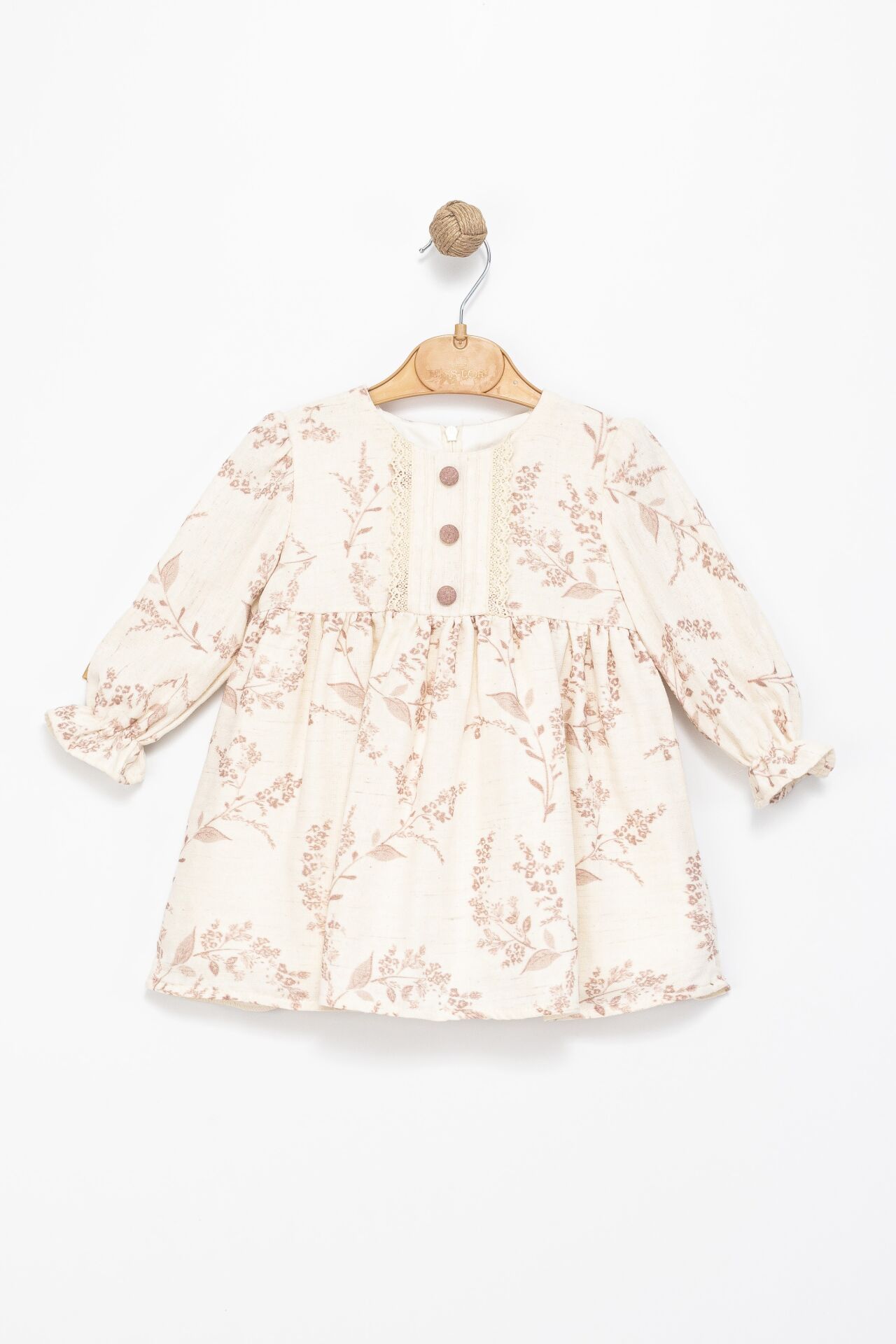 Kız Çocuk Bej Dantel Detaylı Çiçek Desenli Uzun Kollu Elbise