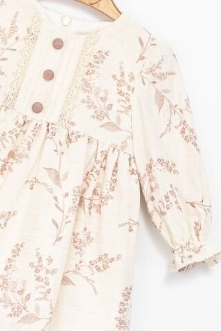 Kız Çocuk Bej Dantel Detaylı Çiçek Desenli Uzun Kollu Elbise