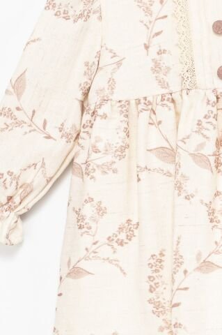 Kız Çocuk Bej Dantel Detaylı Çiçek Desenli Uzun Kollu Elbise