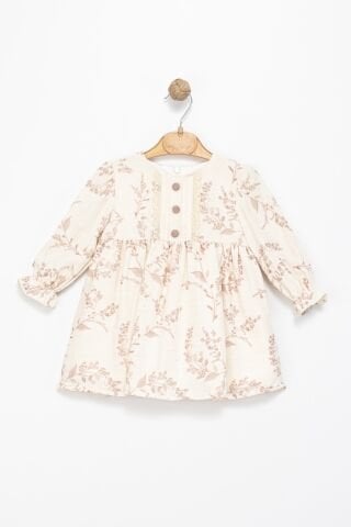 Kız Çocuk Bej Dantel Detaylı Çiçek Desenli Uzun Kollu Elbise