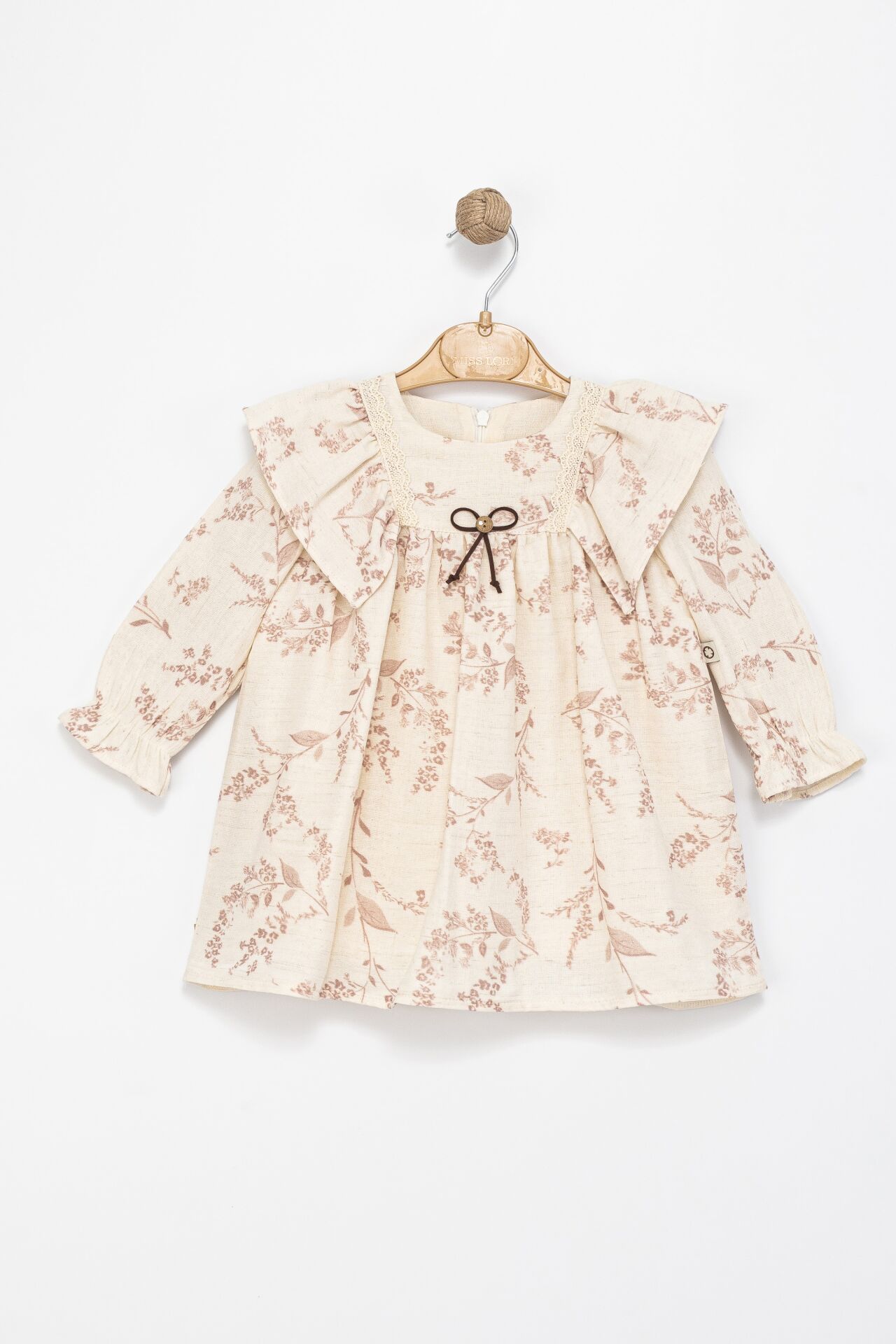 Kız Çocuk Bej Dantel Detaylı Fırfır Yaka Çiçek Desenli Elbise